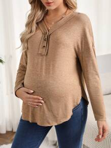 SHEIN Maternity Half Button Drop Shoulder Tee - Apricot - View 5