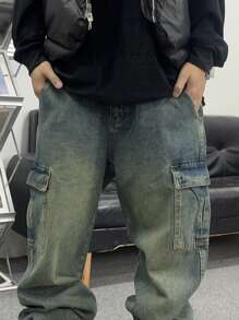 Claim Dot Quần Cargo thường ngày giặt sạch cho nam, quần dài ống đứng màu xanh đậm trơn, quần Cargo giặt sạch tối màu, dành tặng chồng, quà tặng bạn trai - Rửa trung bình - Xem 4