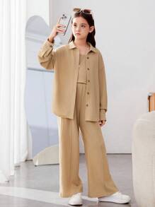 SHEIN Bé gái tuổi teen Thể thao Đường phố Đan Chất rắn Có màu sắc áo có mũ Bộ - Màu Khaki - Xem 4