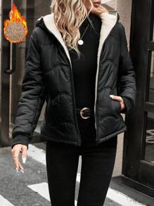 SHEIN Frenchy Áo khoác có mũ trùm đầu có khóa kéo cho mùa đông - màu đen - Xem 1