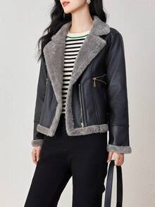 Teddy Lined Zip Detail PU Leather Jacket - Black - View 4