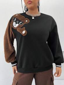 SHEIN Coolane Hơn Thêu Gấu Sọc trang trí Thả vai Áo nỉ - màu đen - Xem 5