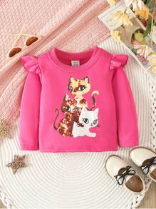 Bebé Chicas Top gato con estampado ribete con fruncido con decorativo lazo - Rosa Fucsia - Ver 1