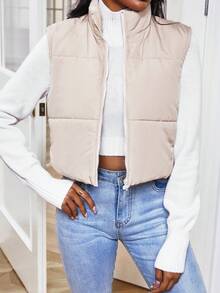 SHEIN Essnce Zip Up Puffer Vest Coat - Apricot - View 6