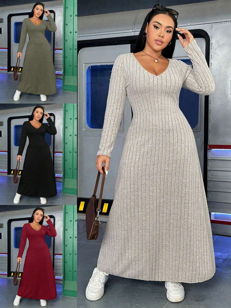 Flirla Plus Size Women's Long Casual Ribbed Knit Dress - Apricot - View 1