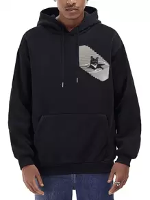 RueChic Men's Cat Print Kangaroo Pocket Hoodie With Drawstring - Black - View 1