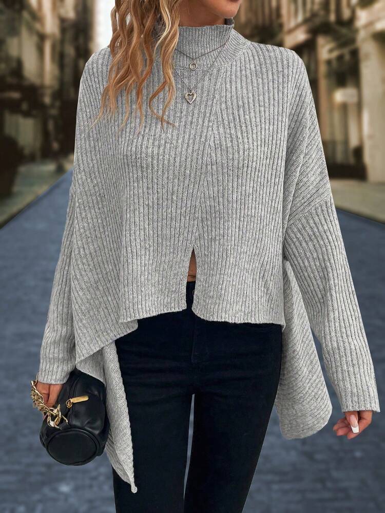 Asymmetrical Hemline Pullover Knit Pullover Fall Winter Sweater