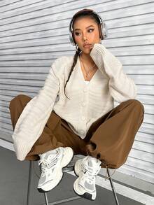 SHEIN Unity Raglan Sleeve Button Front Cardigan - Apricot - View 6