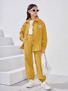 SHEIN 少女字母拼接抽肩灰絨衫和褲子 - 黃色 - 查看 3