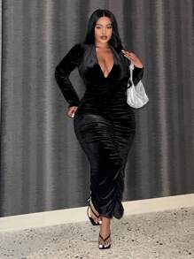 Slaydiva 冬季加大深 V 领褶皱紧身连衣裙