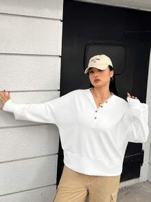 SHEIN EZwear Áo nỉ cỡ lớn cài nửa tay, vai rớt - trắng - Xem 4