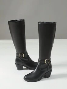 時尚及膝靴子適合女士,黑色,裝飾的帶金屬扣,側拉鍊,多用途,圓頭,粗跟高跟鞋,舒服的,適用於秋天&冬天 - 黑色 - 查看 5