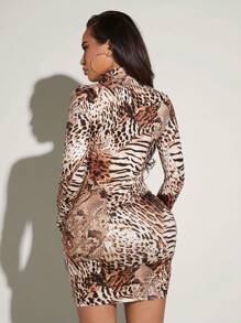 SHEIN SXY Leopard & Tiger Skin Print Drawstring Side Bodycon Dress - Multicolor - View 2