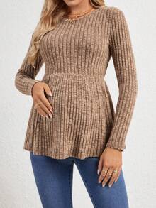 SHEIN 孕婦素色荷葉邊下擺條紋針織T恤 - 卡其色 - 查看 6