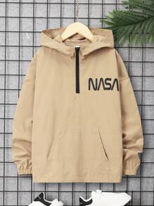 SHEIN Con trai Giải trí áo có mũ Nửa Zip Dệt Nhẹ Áo khoác Với Mẫu chữ In , Đối với Thiếu niên - Màu Khaki - Xem 1