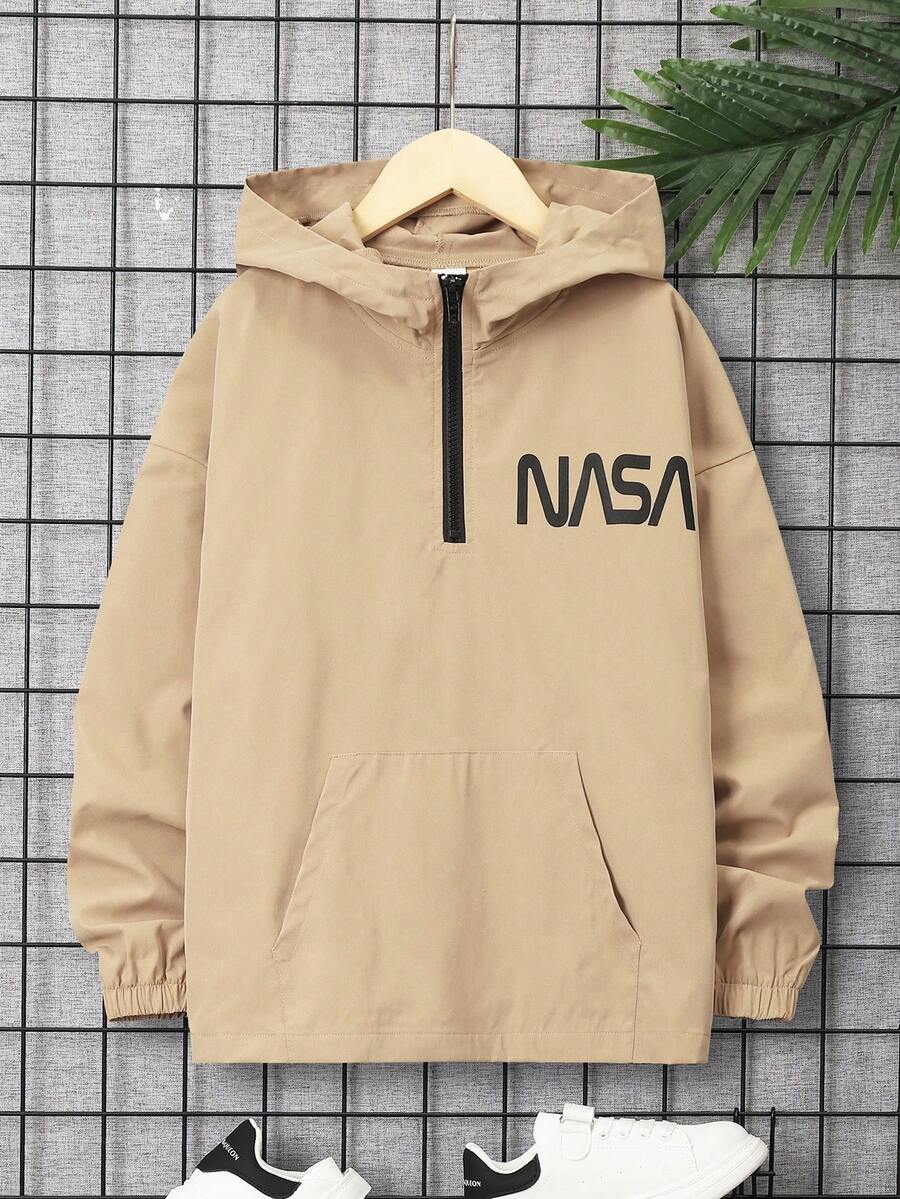 SHEIN Con trai Giải trí áo có mũ Nửa Zip Dệt Nhẹ Áo khoác Với Mẫu chữ In , Đối với Thiếu niên - Màu Khaki - Xem 1