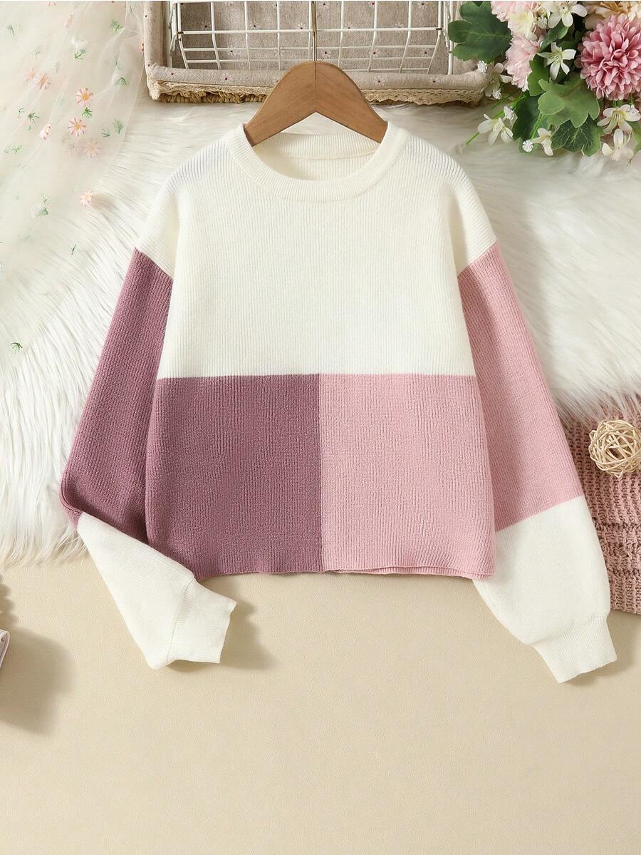 SHEIN Cô gái Tween Khối màu Thả vai Áo len - Nhiều màu - Xem 1