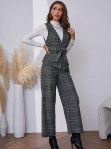 Mulvari Kẻ sọc Thắt lưng Bộ đồ Áo vest Và Quần Bộ - Màu xanh lam - Xem 1