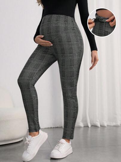 SHEIN Maternity Adjustable Waist Plaid Print Leggings