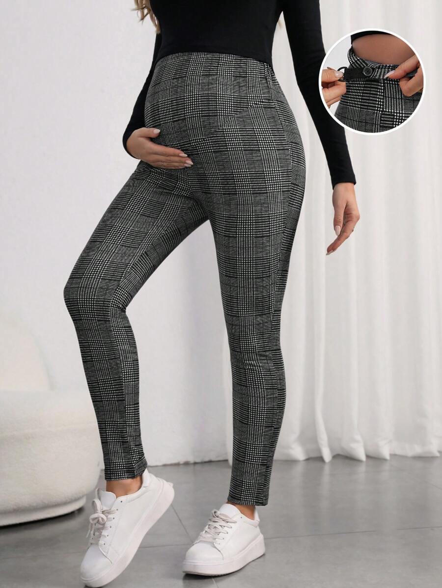 SHEIN Maternity Adjustable Waist Plaid Print Leggings