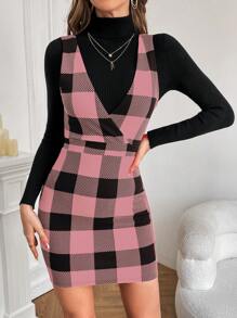 SHEIN Privé 女士格紋無袖連身裙 - 粉色 - 查看 5