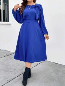 Celure Bow Knot Decorated Lantern Sleeve Dress - Blue - View 1