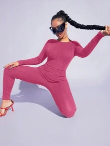 SHEIN SXY 素色露背彈力緊身連體褲 - 玫紅色 - 查看 3