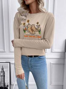 SHEIN LUNE Slogan And Shoe Print Long Sleeve T-shirt - Khaki - View 4