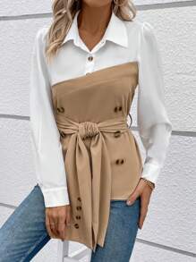 SHEIN LUNE Two Tone Double Breasted Belted Shirt - Multicolor - View 3