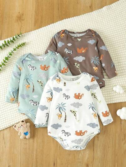 SHEIN 3入組嬰兒男寶寶秋季休閒動物圖案連體衣