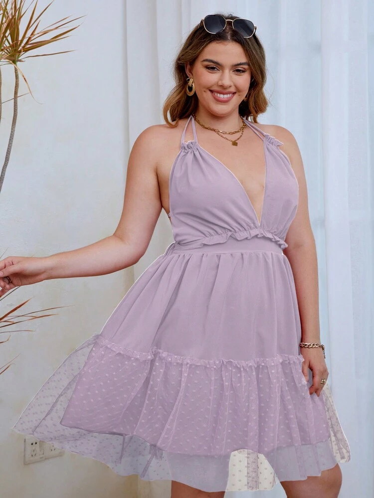 Plus Size Polka Dot Mesh Halter Neck Swing Dress With Frill Trim