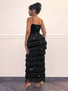 SHEIN SXY new years dress Layered Fringe Trim Cami - Black - View 2