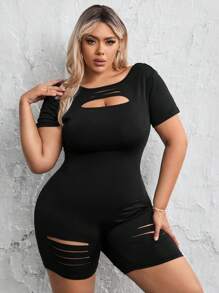 SHEIN SXY Plus Size Hollow Out Design Slim Fit Romper - Black - View 6