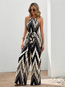 SHEIN VCAY Chevron Print Belted Halter Jumpsuit - Multicolor - View 5