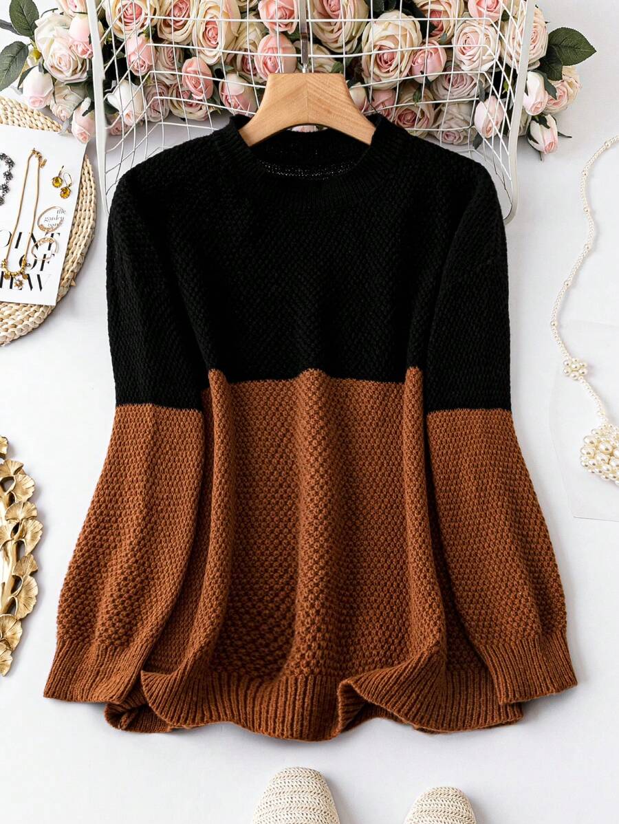 SHEIN LUNE Plus Two Tone Drop Shoulder Sweater - Multicolor - View 1