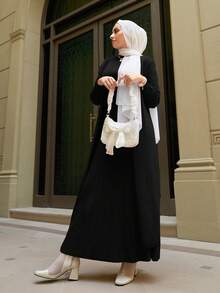 Mulvari 2pcs Solid Color Sweater Cardigan And Turtleneck Tie-waist Dress - Black - View 9