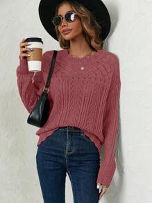 SHEIN Frenchy Pointelle Knit Drop Shoulder Sweater - Redwood - View 1