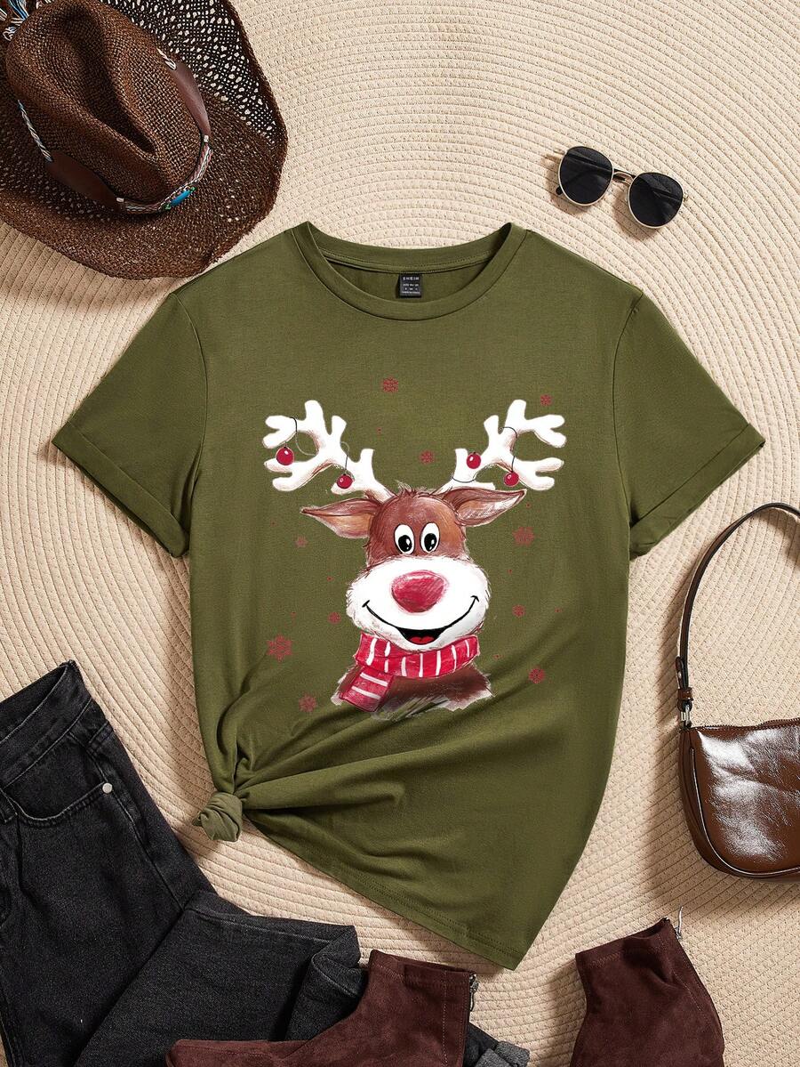 SHEIN Essnce In Giáng sinh Áo thun - xanh quân đội - Xem 1