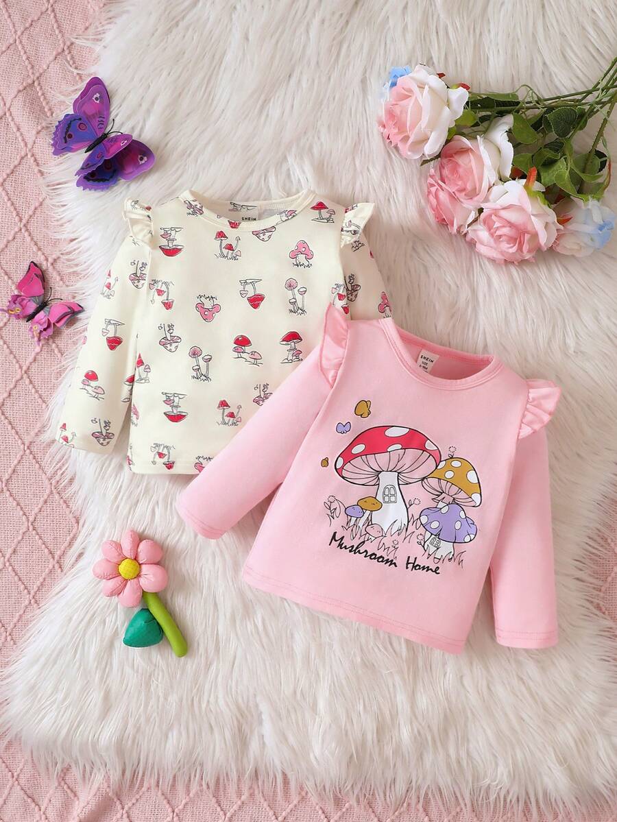 Bebé Niña Camiseta Con Ribete De Volante Y Estampado De Setas - Multicolor - Ver 1
