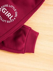 2入組女嬰休閒運動帽t字母印花長袖上衣和長褲,適用於秋季戶外活動穿著 - 酒紅色 - 查看 5