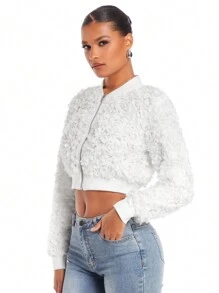 SHEIN BAE 女式刺繡拉鍊前開式棒球夾克 - 白色 - 查看 4