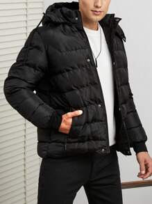 SHEIN Cottnline Men Slant Pocket Hooded Puffer Coat - Black - View 4