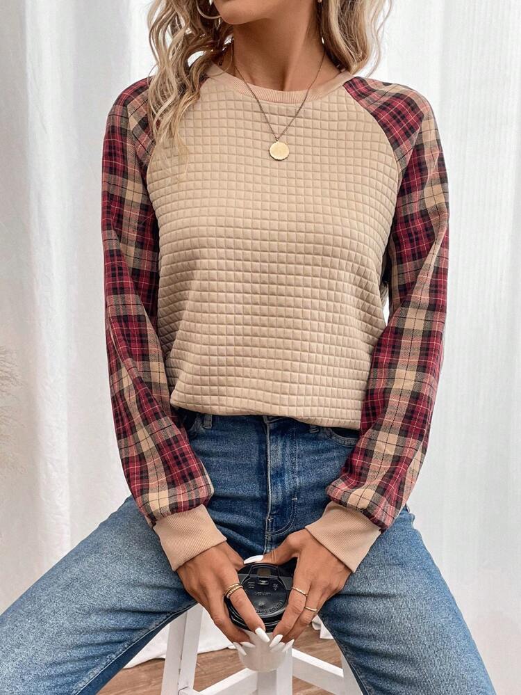 Plaid Raglan Sleeve Sweatshirt In Fall/Winter,Casual