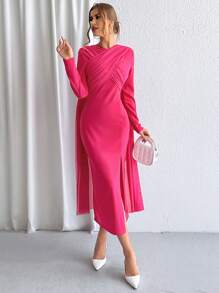 SHEIN Privé 網紗拼接下擺開叉緊身洋裝 - 玫紅色 - 查看 5