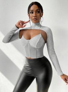 Zolique Cut Out Front Mesh Insert Mock Neck 2 In 1 Top - Light Grey - View 3