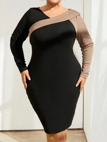 SHEIN Privé 簡約修身顏色拼接大尺碼連衣裙 - 黑色 - 查看 4