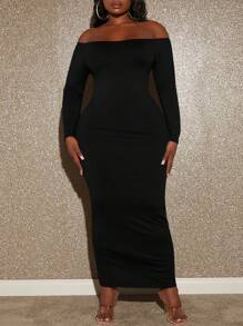 Slaydiva 大尺碼女款露肩修身連身裙 - 黑色 - 查看 1