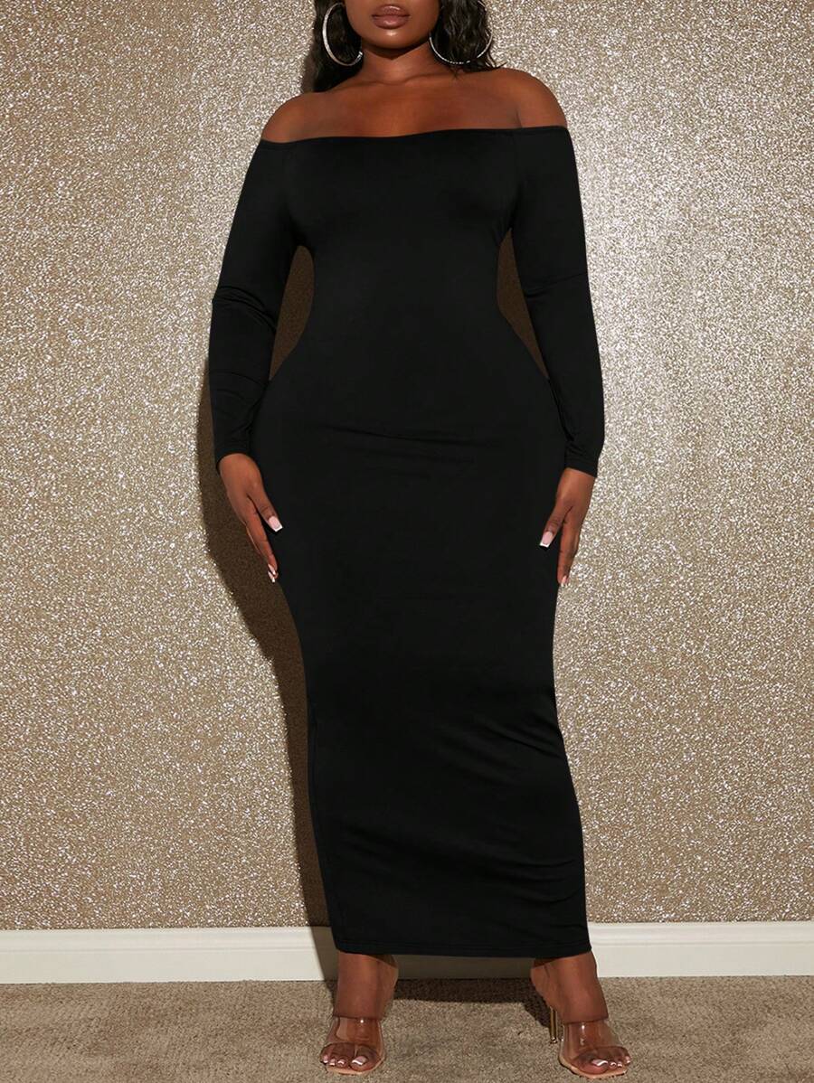 Slaydiva 大尺碼女款露肩修身連身裙 - 黑色 - 查看 1