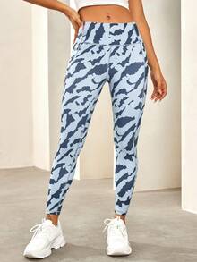 運動風格全印花高腰訓練瑜伽健身彈性緊身褲 - 藍色 - 查看 3