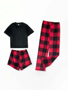 少女實色t恤&buffalo格子短褲&長褲睡衣套裝